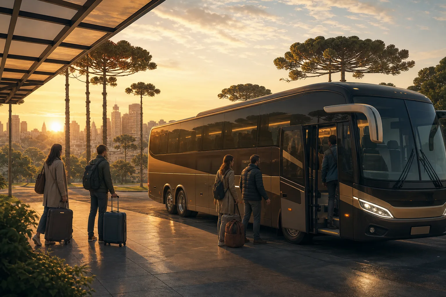 Ilustração de viajantes embarcando em ônibus de excursão em Curitiba