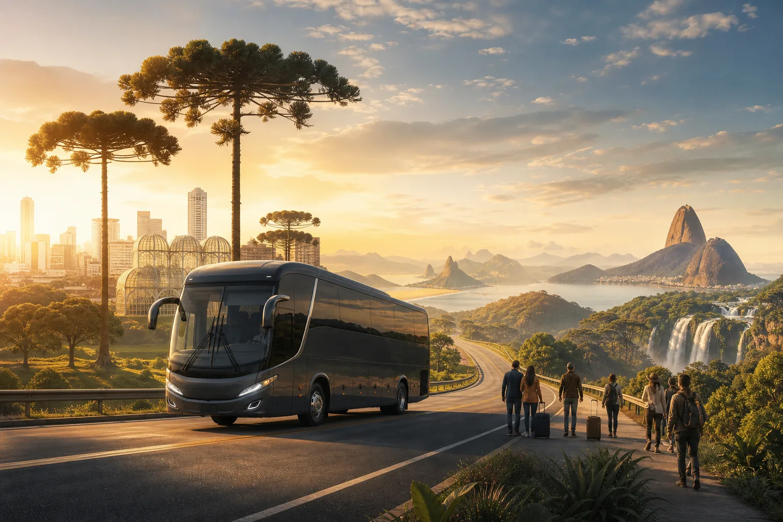 Ilustração de ônibus de turismo partindo de Curitiba rumo a destinos brasileiros
